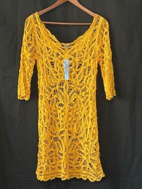 ANTONIO MELANI Yellow Crochet Midi Cover-up Dress